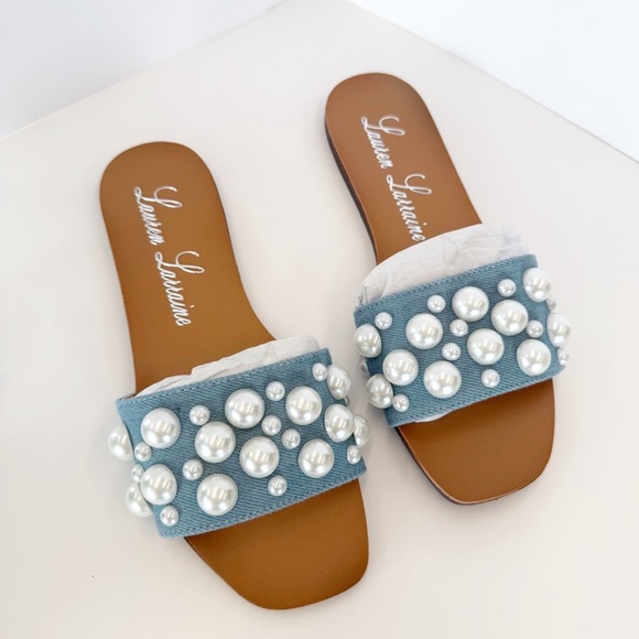 NWT Lauren Lorraine Nilo Pearl Denim Slides, Size 6 - Picture 7 of 11